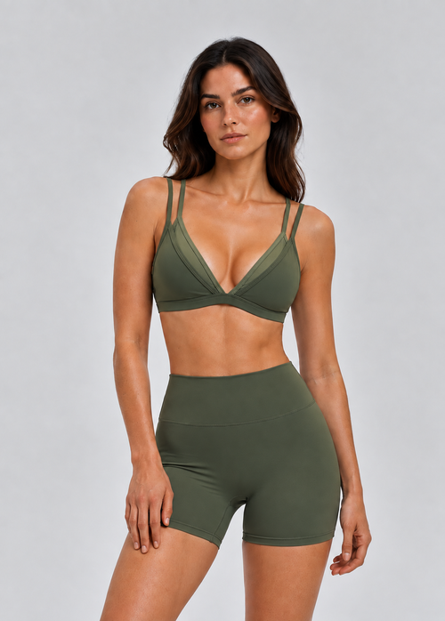 ICON Sets LILLY Set olive matching sports bra and high-waisted shorts, front view