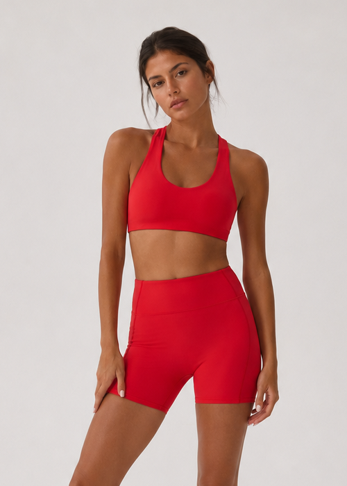 ICON Red Set matching sports bra and high-waisted shorts, front view